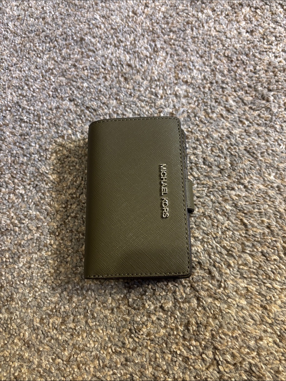 Michael Kors Olive Saffiano Trifold Wallet with Silver Logo